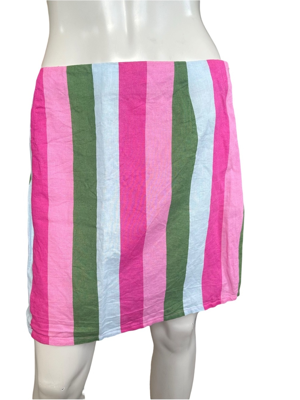 Zara Pastel Green Blue Pink Striped Linen Cotton Blend Mini Skirt Size Large